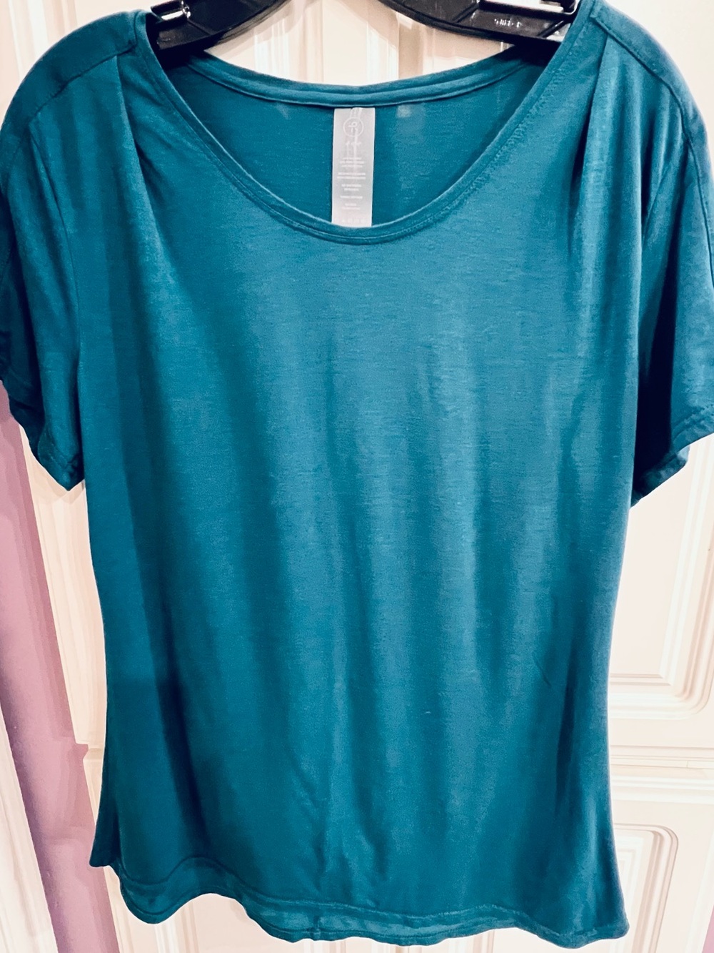 Teal Short Sleeve Shirt, Scoop Neck, Shoulder Detail, Bamboo
